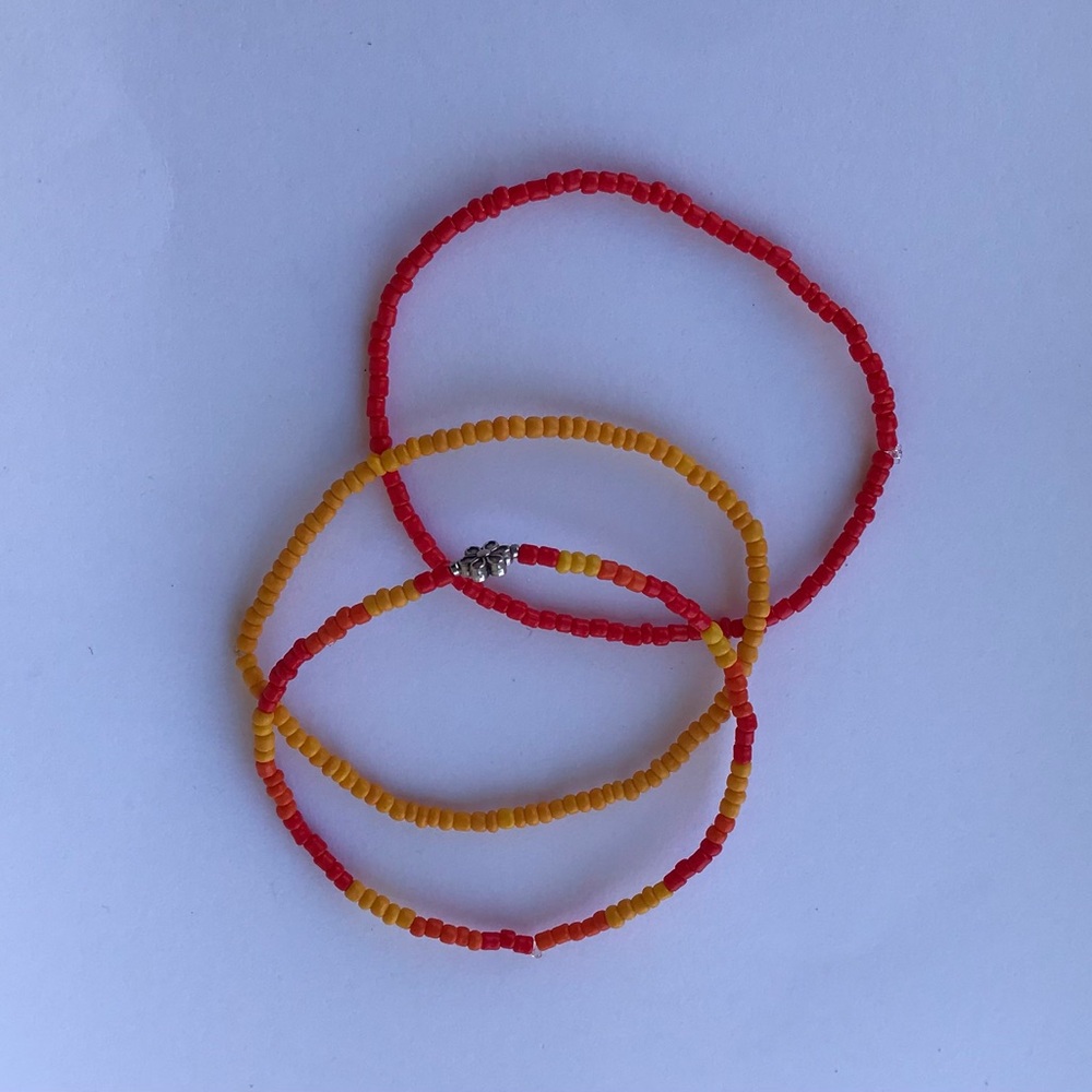 Red and Yellow Beaded 3 piece anklet set